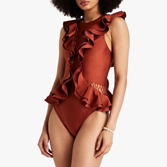 NWT - Zimmermann - Lattice-trimmed Ruffled One Piece Swimsuit - Brick - Picture 1 of 12